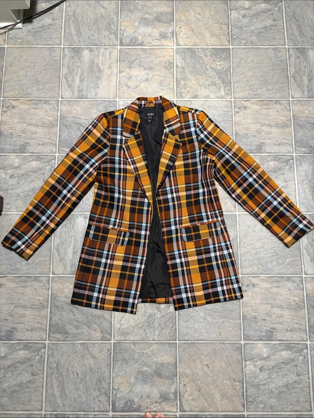 Du Jour Mustard Plaid Single-Breasted Blazer with Black & Brown Accents
